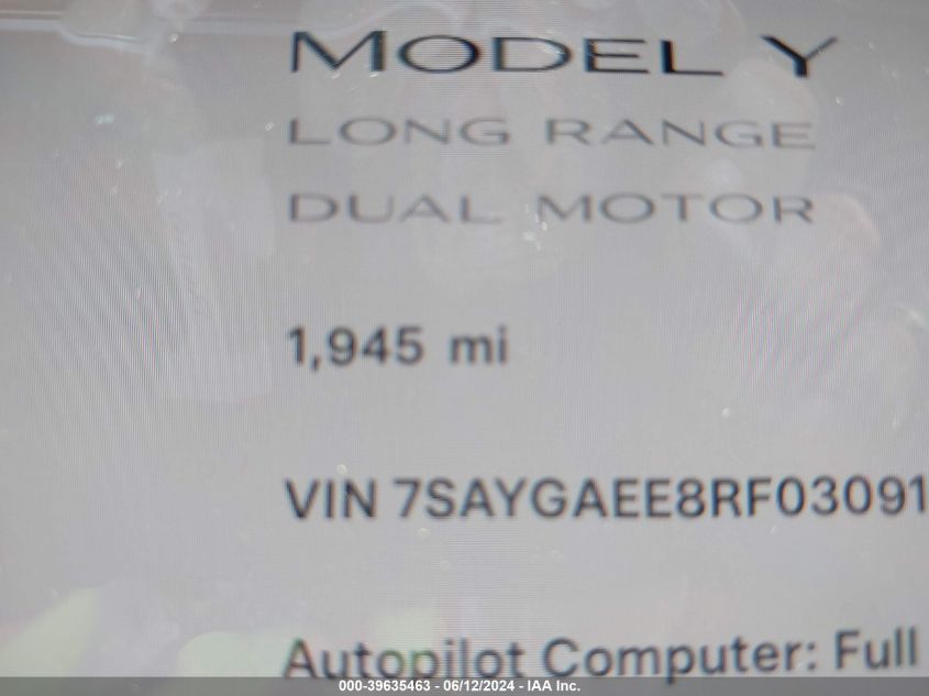 2024 Tesla Model Y Long Range Dual Motor All-Wheel Drive VIN: 7SAYGAEE8RF030910 Lot: 39635463