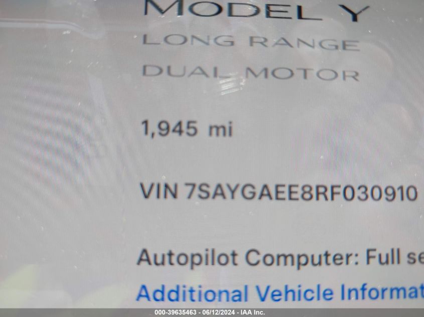 2024 Tesla Model Y Long Range Dual Motor All-Wheel Drive VIN: 7SAYGAEE8RF030910 Lot: 39635463