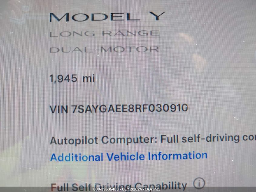 2024 Tesla Model Y Long Range Dual Motor All-Wheel Drive VIN: 7SAYGAEE8RF030910 Lot: 39635463