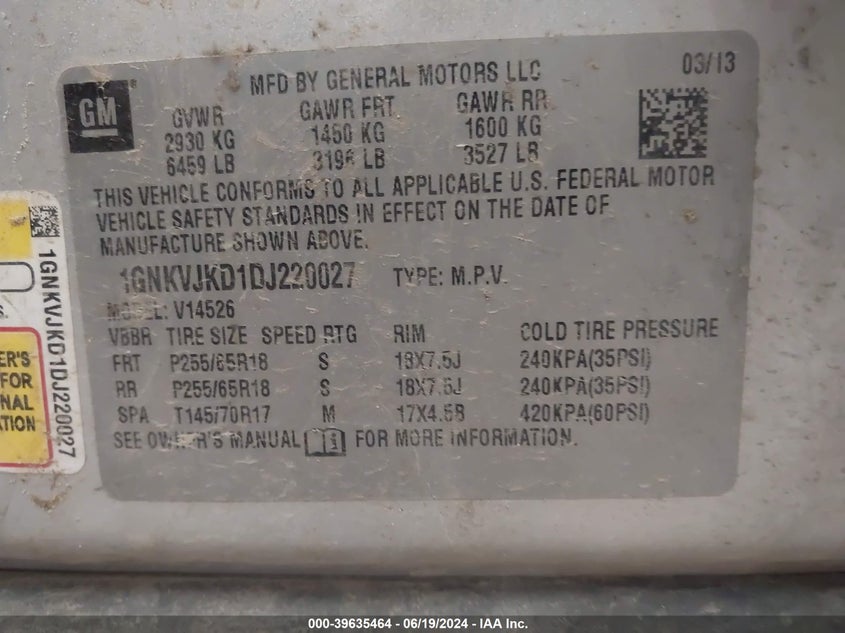 2013 Chevrolet Traverse Lt VIN: 1GNKVJKD1DJ220027 Lot: 39635464