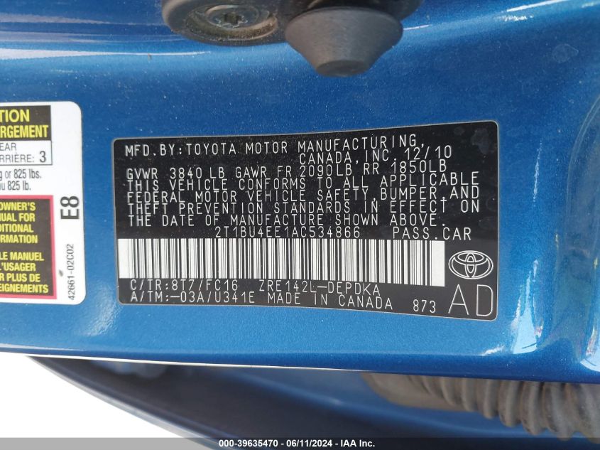 2010 Toyota Corolla Le VIN: 2T1BU4EE1AC534866 Lot: 39635470