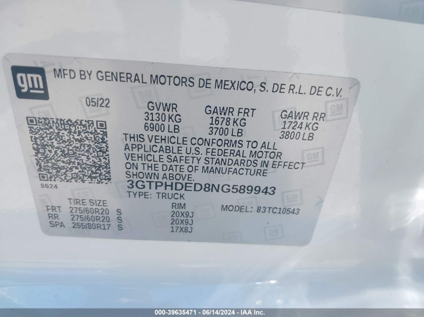 2022 GMC Sierra 1500 2Wd Short Box Slt VIN: 3GTPHDED8NG589943 Lot: 39635471