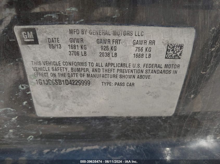 2013 Chevrolet Sonic Lt Auto VIN: 1G1JC6SB1D4229999 Lot: 39635474