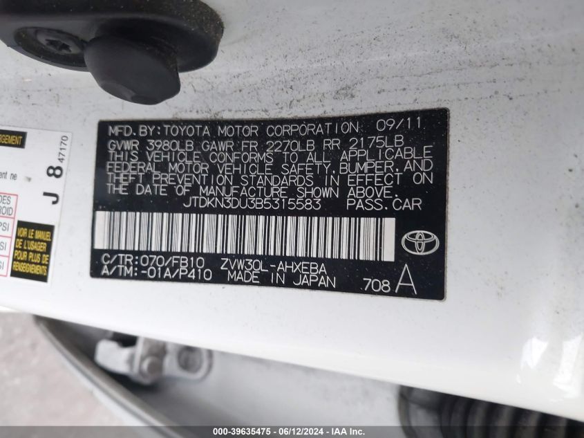 2011 Toyota Prius Two VIN: JTDKN3DU3B5315583 Lot: 39635475