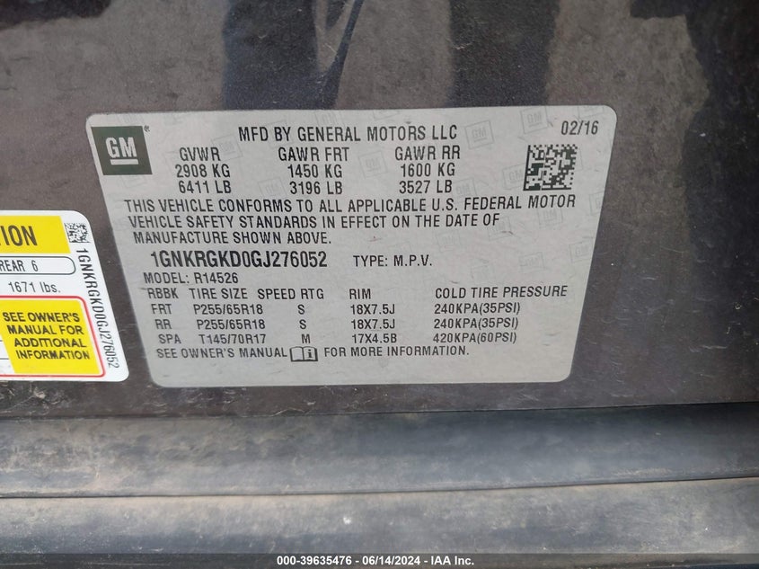 2016 Chevrolet Traverse 1Lt VIN: 1GNKRGKD0GJ276052 Lot: 39635476