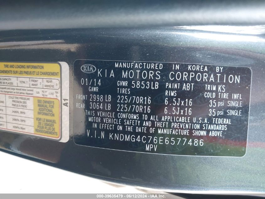 2014 Kia Sedona Lx VIN: KNDMG4C76E6577486 Lot: 39635479