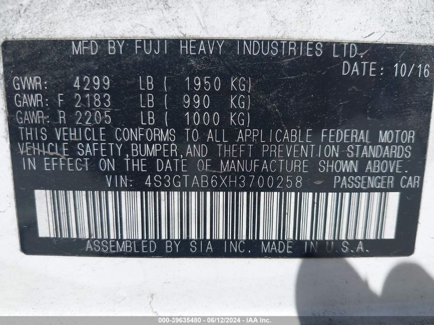 2017 Subaru Impreza 2.0I Premium VIN: 4S3GTAB6XH3700258 Lot: 39635480