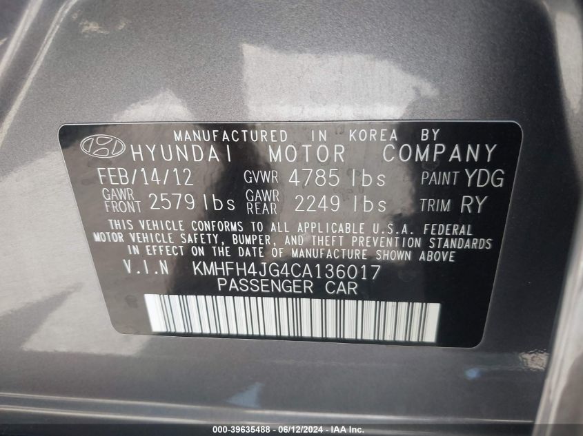 2012 Hyundai Azera VIN: KMHFH4JG4CA136017 Lot: 39635488