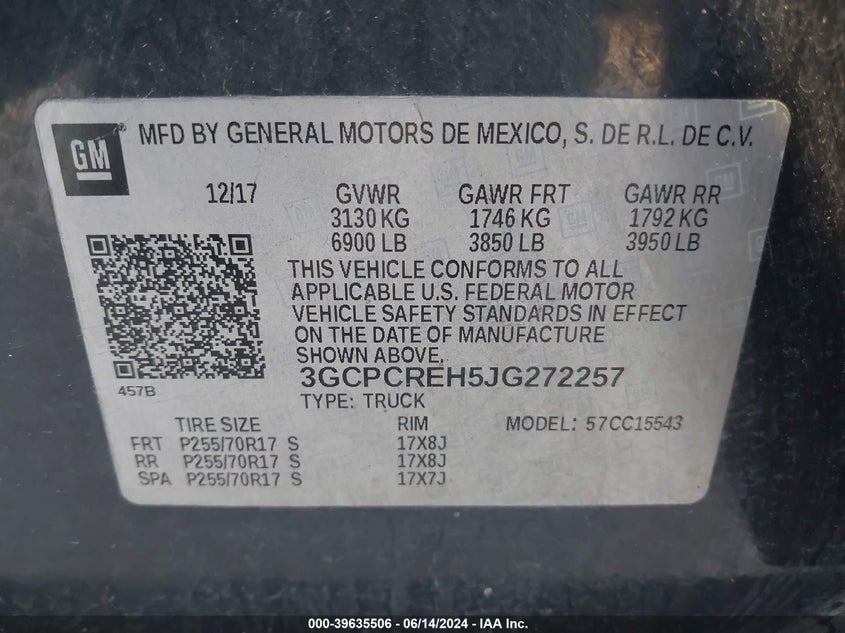 VIN 3GCPCREH5JG272257 2018 CHEVROLET SILVERADO 1500 1LT