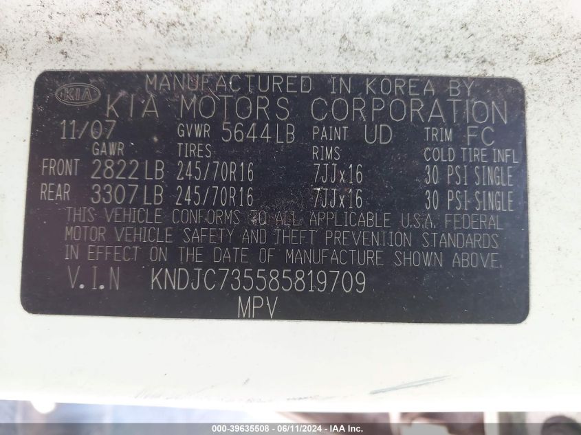 2008 Kia Sorento Lx VIN: KNDJC735585819709 Lot: 39635508