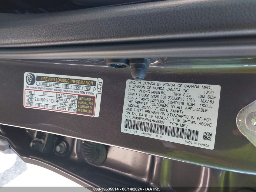 2020 Honda Cr-V 2Wd Ex-L VIN: 2HKRW1H80LH428308 Lot: 39635514