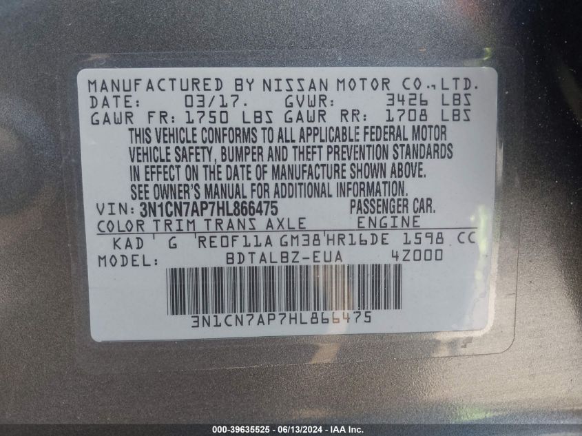 3N1CN7AP7HL866475 2017 Nissan Versa 1.6 Sv