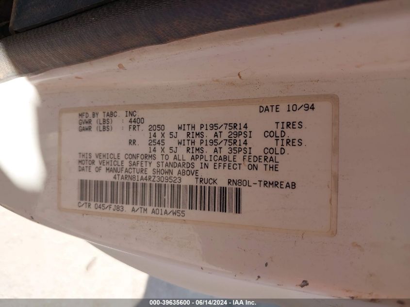 1994 Toyota Pickup 1/2 Ton Short Whlbase Stb VIN: 4TARN81A4RZ309523 Lot: 39635600