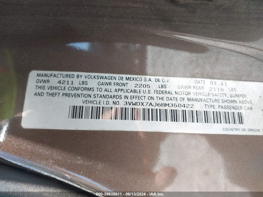 2011 Volkswagen Jetta 2.5L Se VIN: 3VWDX7AJ6BM350422 Lot: 39635611