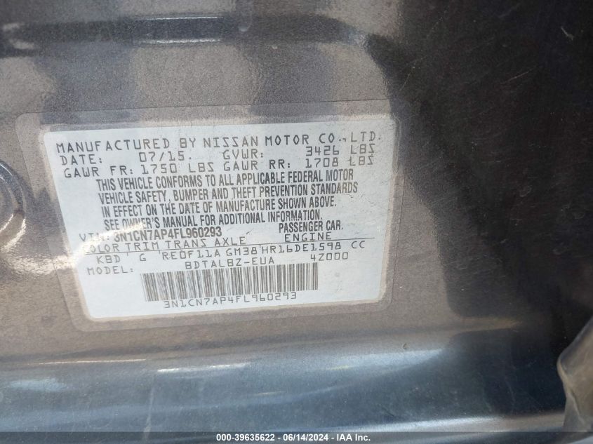 2015 Nissan Versa 1.6 Sv VIN: 3N1CN7AP4FL960293 Lot: 39635622