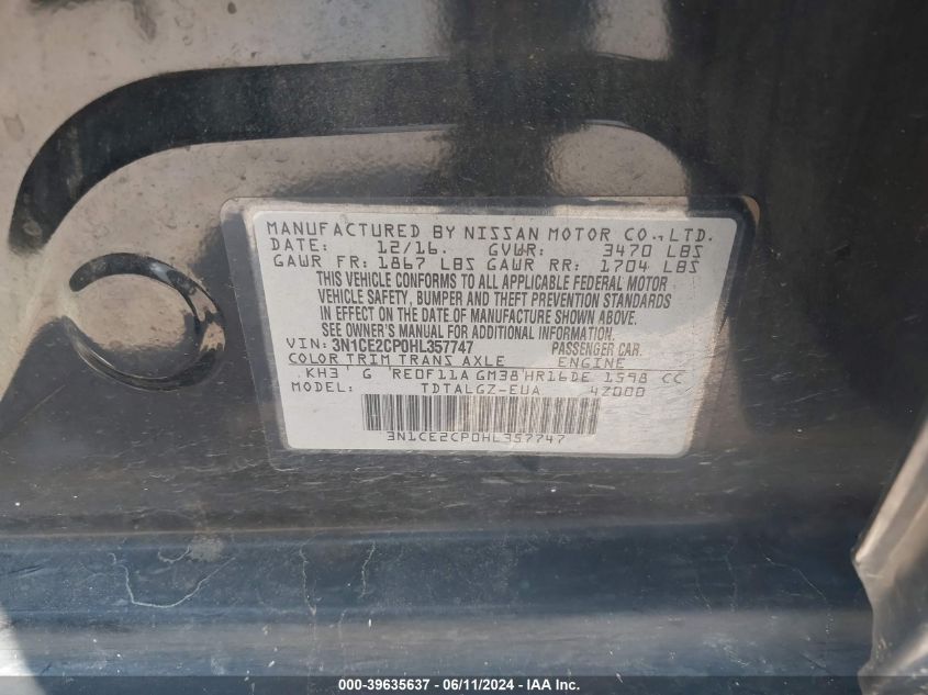 2017 Nissan Versa Note Sr VIN: 3N1CE2CP0HL357747 Lot: 39635637