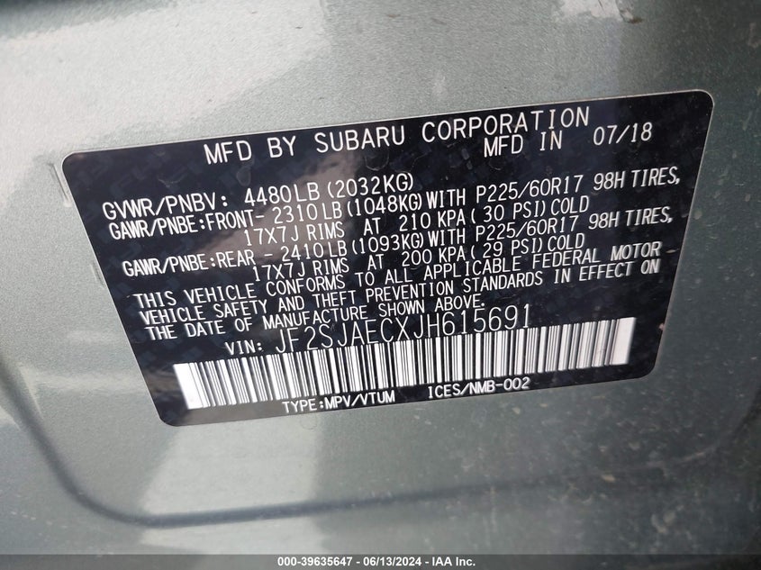 2018 Subaru Forester 2.5I Premium VIN: JF2SJAECXJH615691 Lot: 39635647