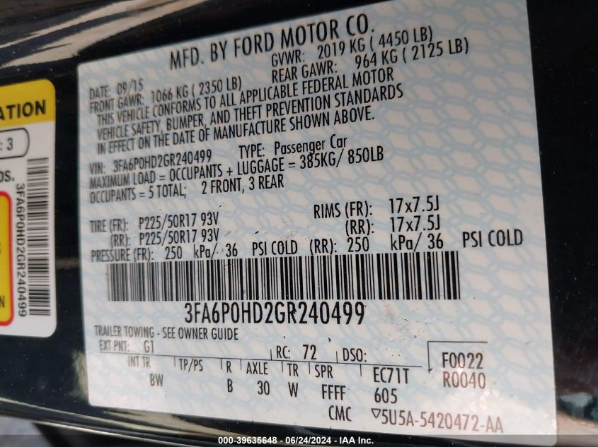 2016 FORD FUSION SE - 3FA6P0HD2GR240499