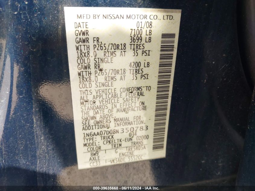 2008 Nissan Titan Le/Se/Xe VIN: 1N6AA07D08N350783 Lot: 39635668