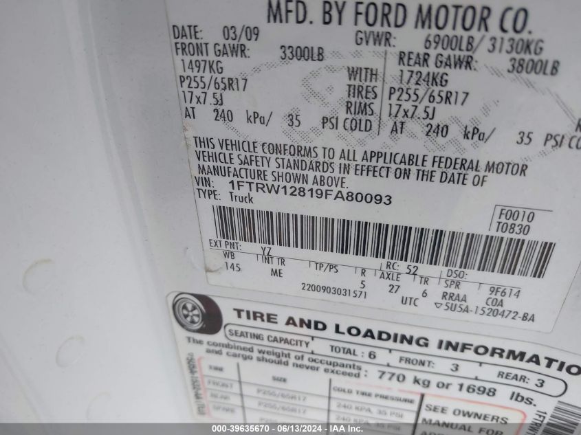 2009 Ford F-150 Xl/Xlt VIN: 1FTRW12819FA80093 Lot: 39635670