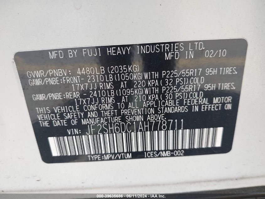 2010 Subaru Forester 2.5X Limited VIN: JF2SH6DC1AH778711 Lot: 39635686