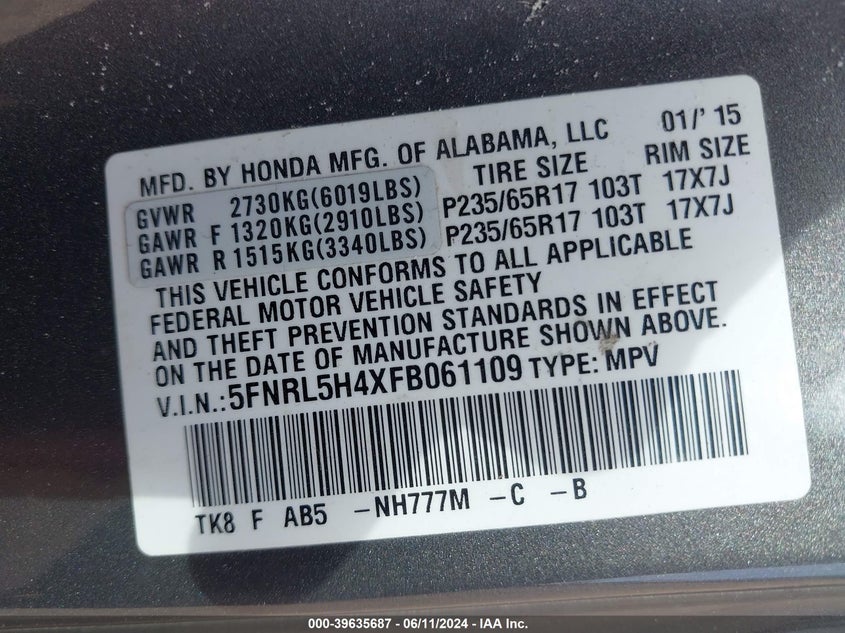 2015 Honda Odyssey Ex VIN: 5FNRL5H4XFB061109 Lot: 39635687