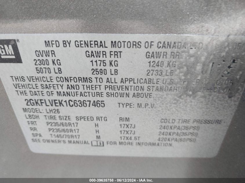 2012 GMC Terrain Slt-1 VIN: 2GKFLVEK1C6367465 Lot: 39635758