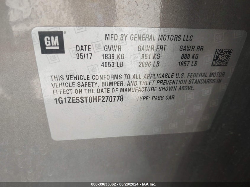2017 Chevrolet Malibu 1Lt VIN: 1G1ZE5ST0HF270778 Lot: 39635862