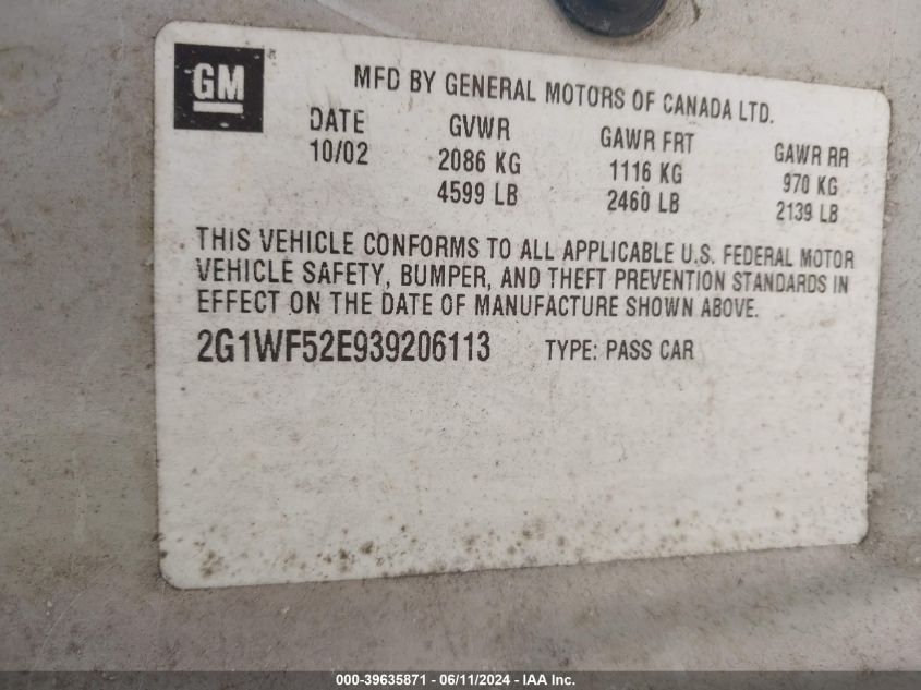 2003 Chevrolet Impala VIN: 2G1WF52E939206113 Lot: 39635871