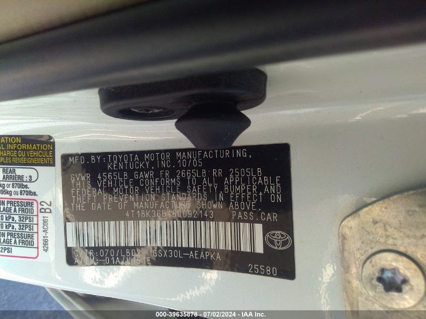 2006 Toyota Avalon Limited VIN: 4T1BK36B46U092143 Lot: 39635878