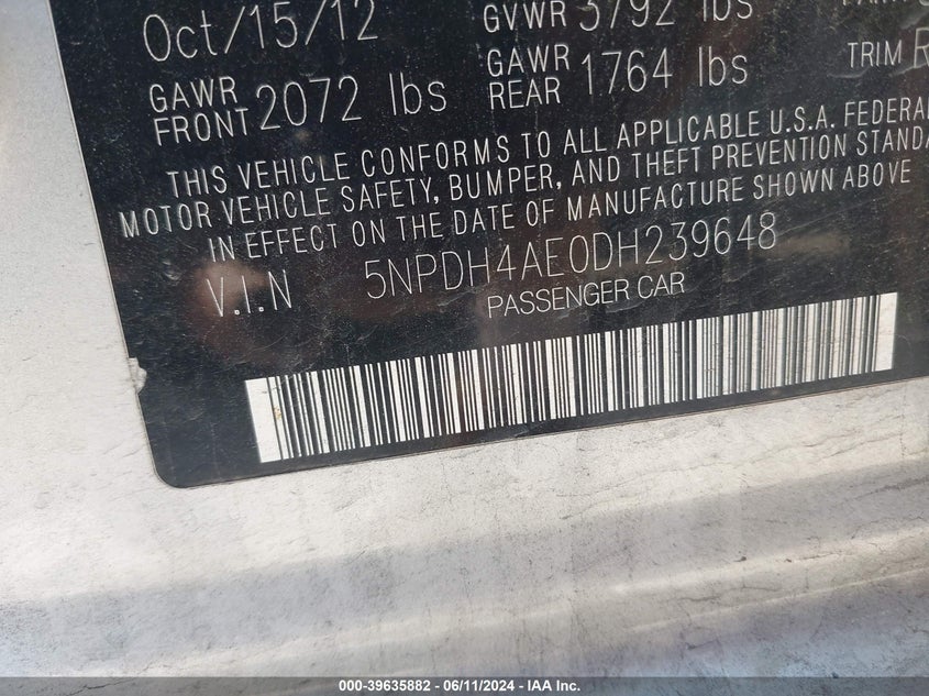 2013 Hyundai Elantra Gls/Limited VIN: 5NPDH4AE0DH239648 Lot: 39635882