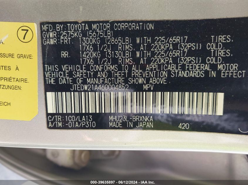 2006 Toyota Highlander Hybrid Limited V6 VIN: JTEDW21A460004852 Lot: 39635897