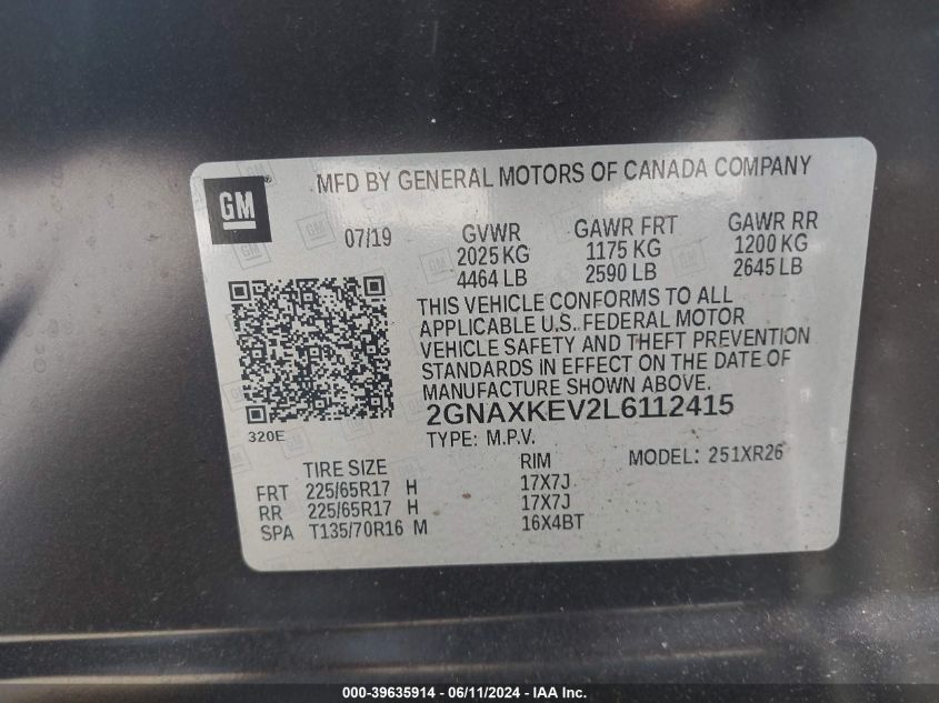 2020 Chevrolet Equinox Fwd Lt 1.5L Turbo VIN: 2GNAXKEV2L6112415 Lot: 39635914