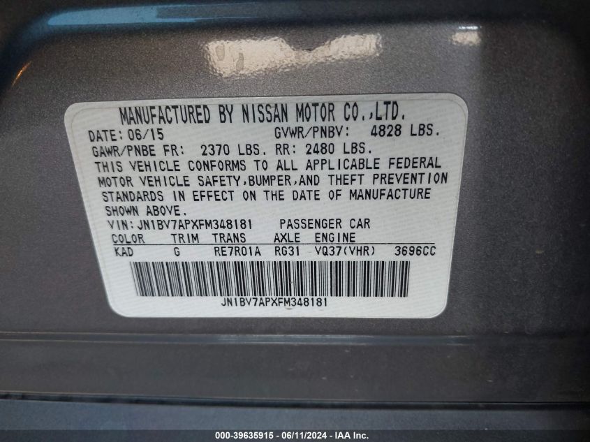 2015 Infiniti Q50 Premium VIN: JN1BV7APXFM348181 Lot: 39635915