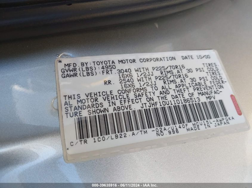 2001 Lexus Rx 300 VIN: JTJHF10U110186513 Lot: 39635916