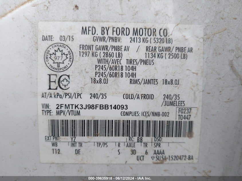 2015 Ford Edge Sel VIN: 2FMTK3J98FBB14093 Lot: 39635918