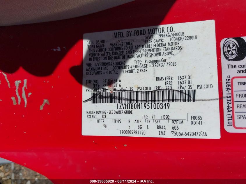 2009 Ford Mustang V6/V6 Premium VIN: 1ZVHT80N195100349 Lot: 39635920