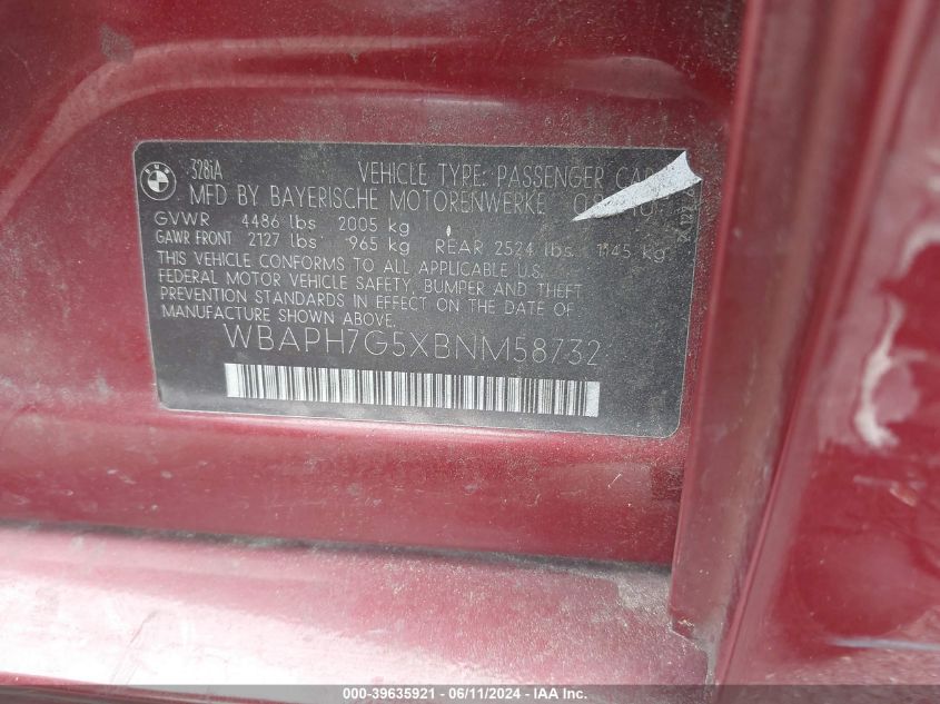 2011 BMW 328I VIN: WBAPH7G5XBNM58732 Lot: 39635921