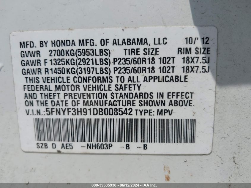2013 Honda Pilot Touring VIN: 5FNYF3H91DB008542 Lot: 39635938