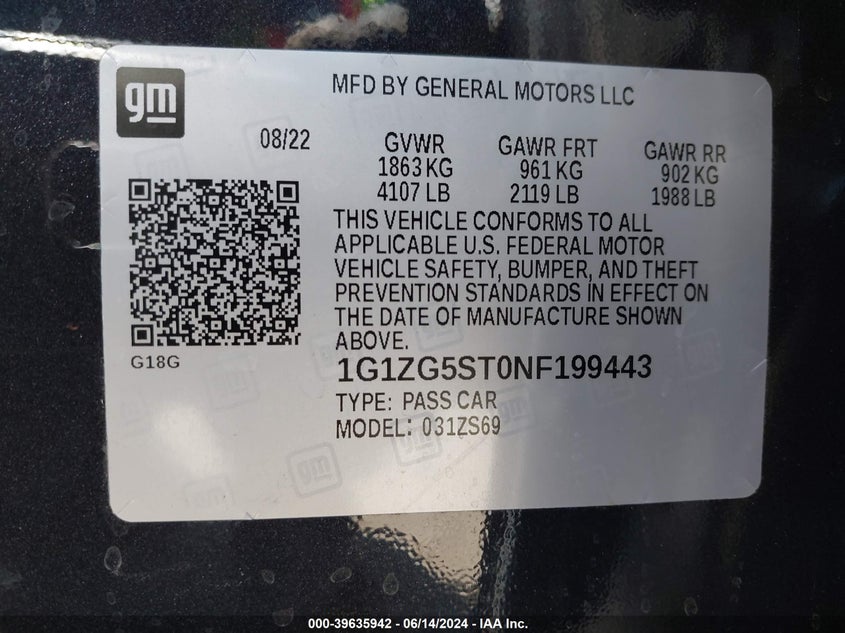 2022 Chevrolet Malibu Fwd Rs VIN: 1G1ZG5ST0NF199443 Lot: 39635942