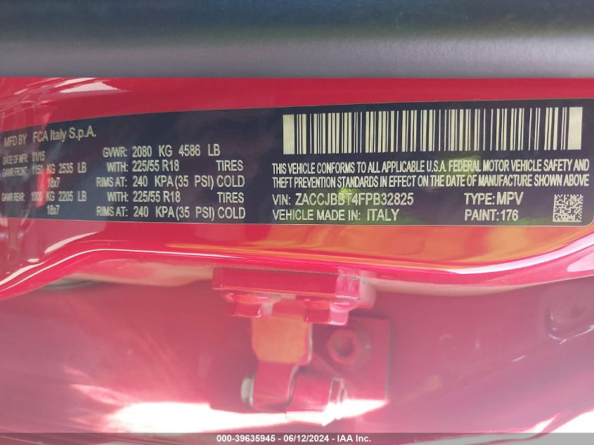 2015 Jeep Renegade Latitude VIN: ZACCJBBT4FPB32825 Lot: 39635945