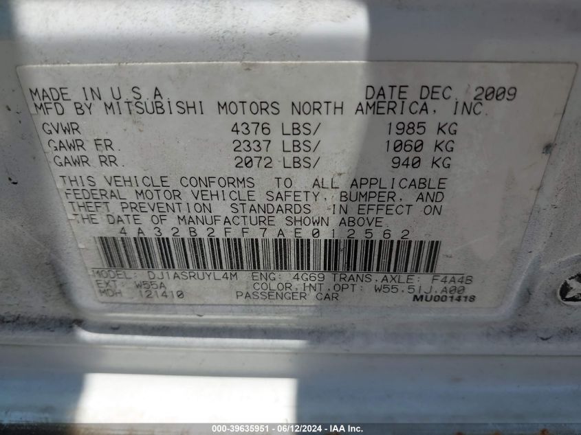 2010 Mitsubishi Galant Fe VIN: 4A32B2FF7AE012562 Lot: 39635951