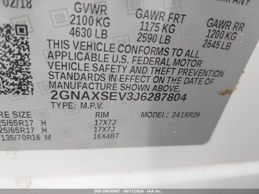 2018 Chevrolet Equinox Lt VIN: 2GNAXSEV3J6287804 Lot: 39635967