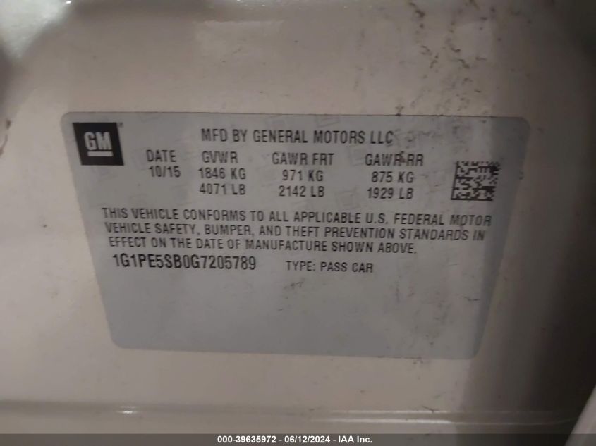 2016 Chevrolet Cruze Limited 1Lt Auto VIN: 1G1PE5SB0G7205789 Lot: 39635972