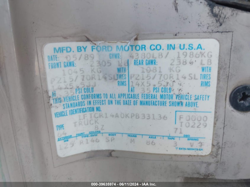 1989 Ford Ranger Super Cab VIN: 1FTCR14A0KPB33136 Lot: 39635974