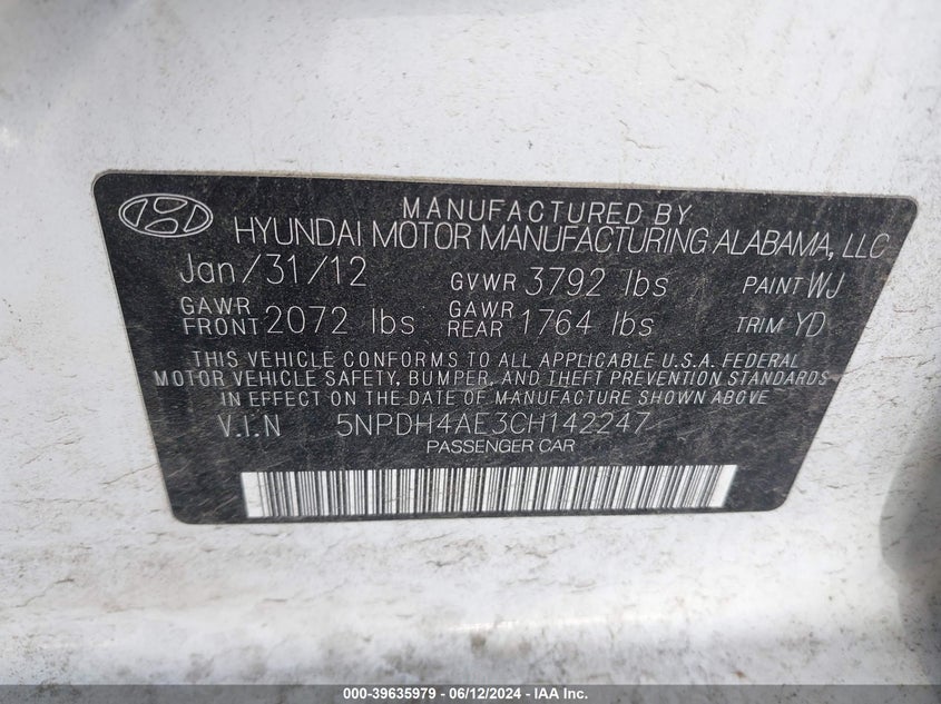 2012 Hyundai Elantra Limited VIN: 5NPDH4AE3CH142247 Lot: 39635979