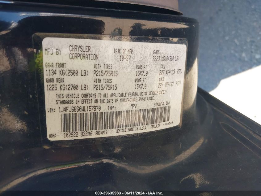 1998 Jeep Cherokee Classic/Limited/Sport VIN: 1J4FJ68S0WL157870 Lot: 39635983