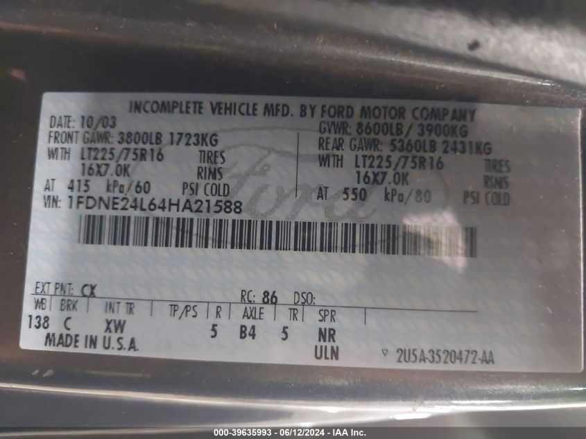 2004 Ford E-250 Recreational VIN: 1FDNE24L64HA21588 Lot: 39635993