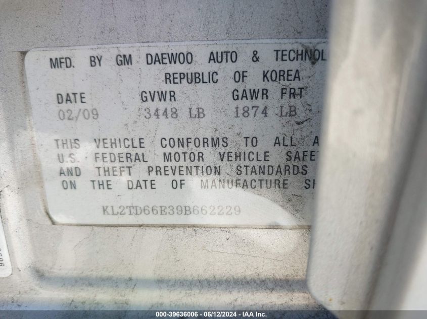 2009 Pontiac G3 VIN: KL2TD66E39B662229 Lot: 39636006