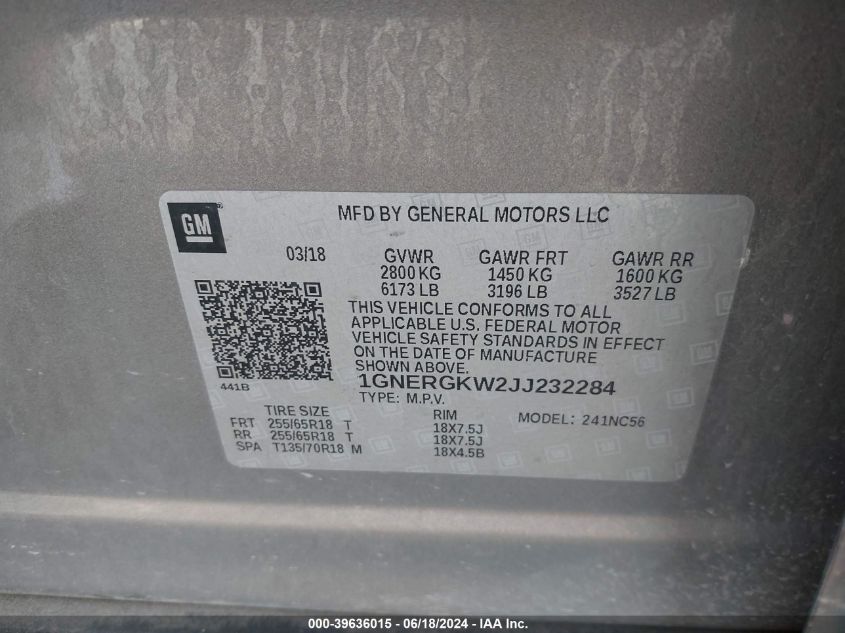 2018 Chevrolet Traverse 1Lt VIN: 1GNERGKW2JJ232284 Lot: 39636015
